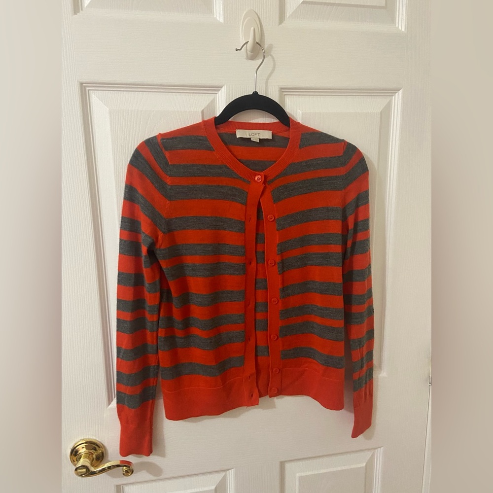 Loft red gray striped cardigan